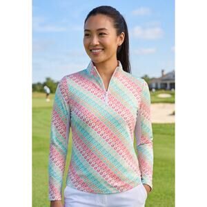 IBKÜL Icefil UPF 50+ Sun Shirt 1/4 Zip Geometric Swirl Print Pink Orange Medium